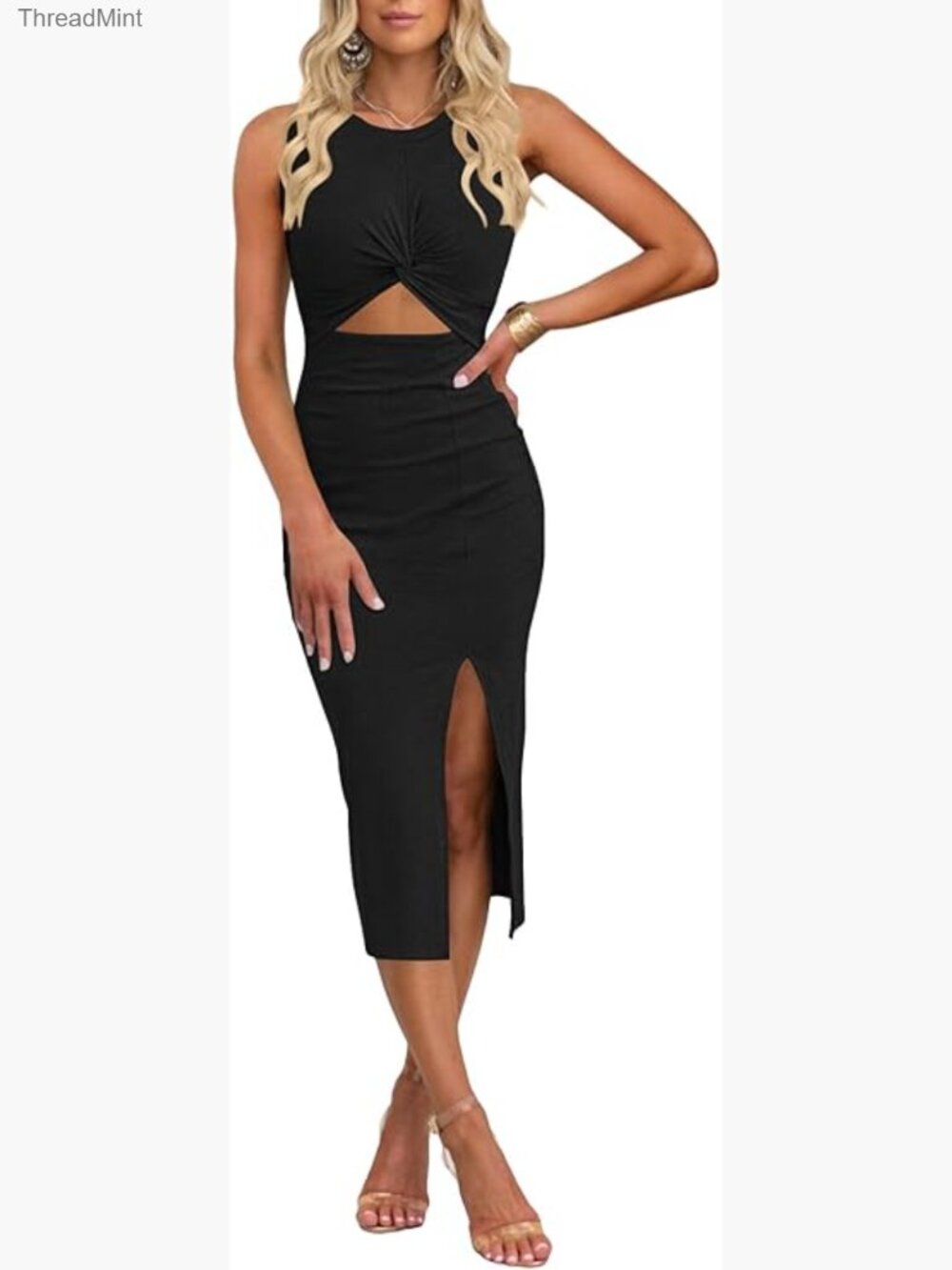 Sleeveless Cutout Twist Front Side Slit Ribbed Knit Bodycon Midi Dress